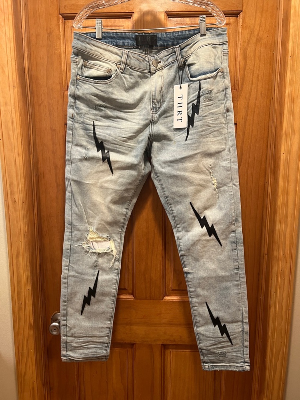 Men’s Light Blue Jeans with Black Lightning Graphics